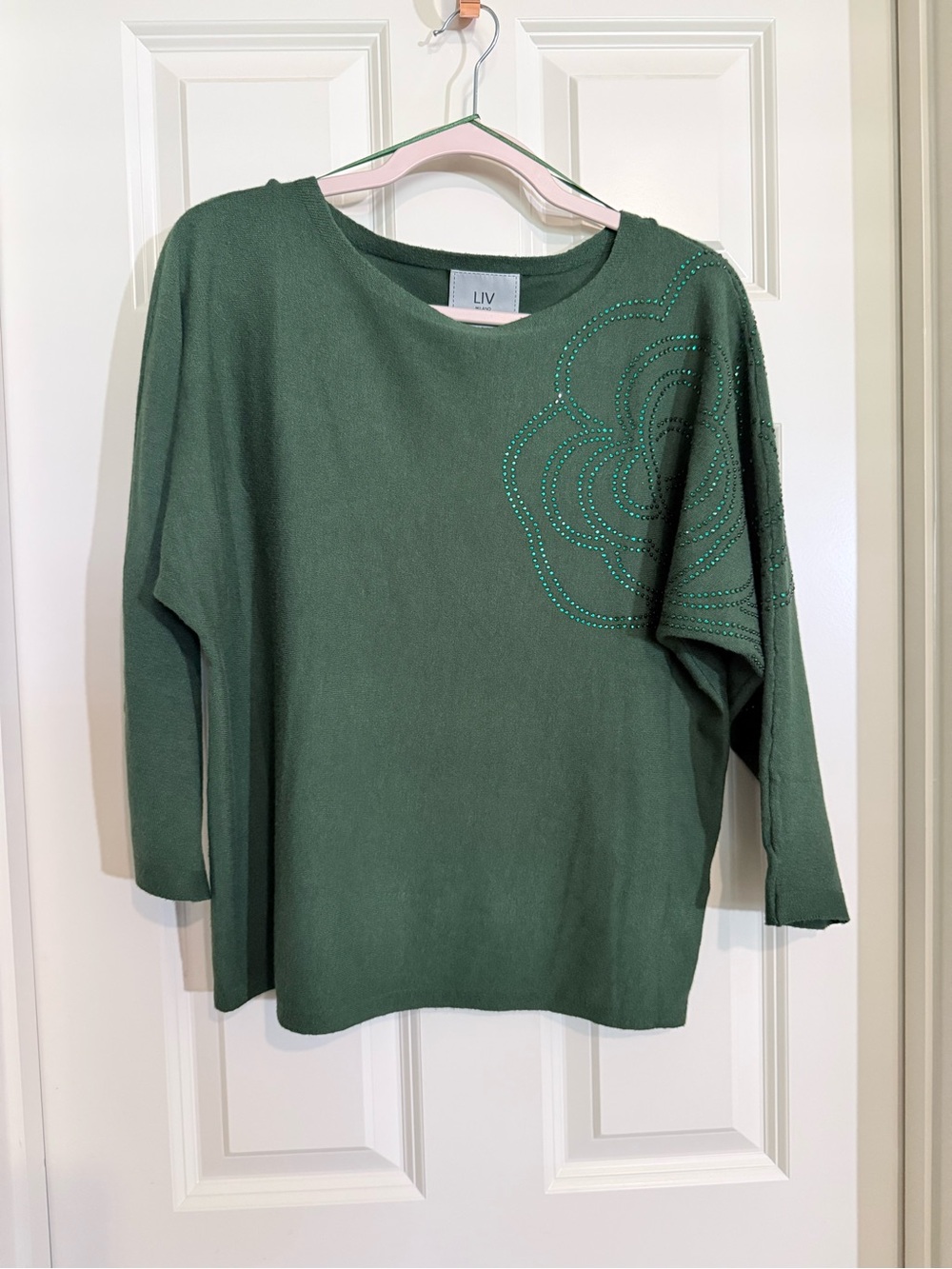 LIV Green Crew Neck Sweater with Beaded Floral Accent